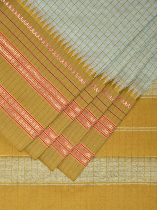 Sea Blue and Green Bamboo Cotton Viscose Silk Saree with Checks Design No Blouse bc0366