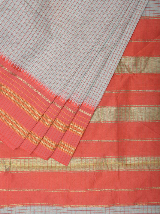 Sea Blue and Peach Bamboo Cotton Viscose Silk Saree with Checks and Contrast Pallu Design No Blouse bc0576