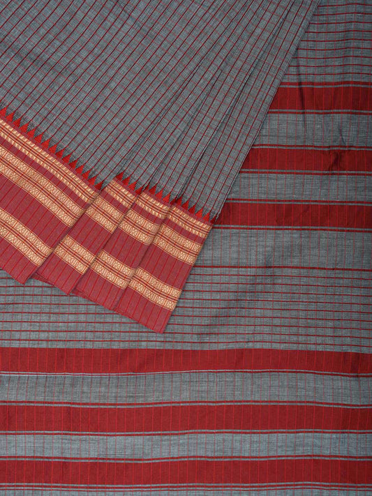 Sea Blue and Red Bamboo Cotton Saree with Checks Design No Blouse bc0672