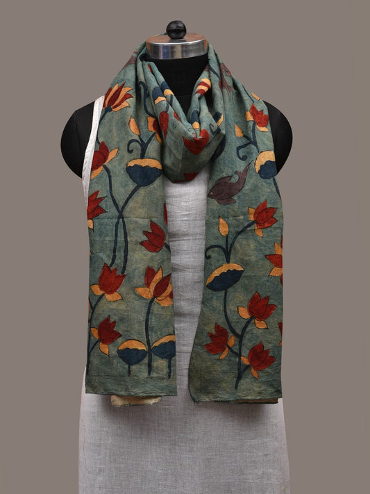 Sea Blue Kalamkari Hand Painted Cotton Handloom Stole with Lotus and Fishes Design ds2810