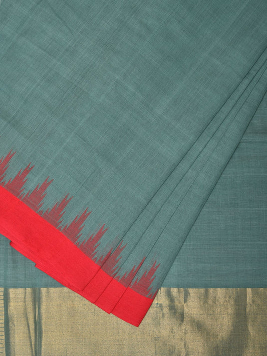 Sea Blue Khadi Cotton Handloom Plain Saree with Temple Border Design kh0624