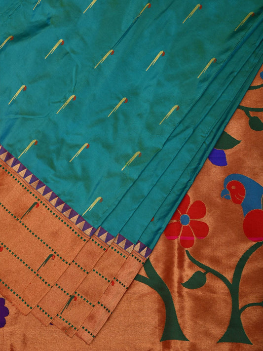 Sea Blue Paithani Silk Handloom Saree with Triple Muniya Border and Pallu Design p0481