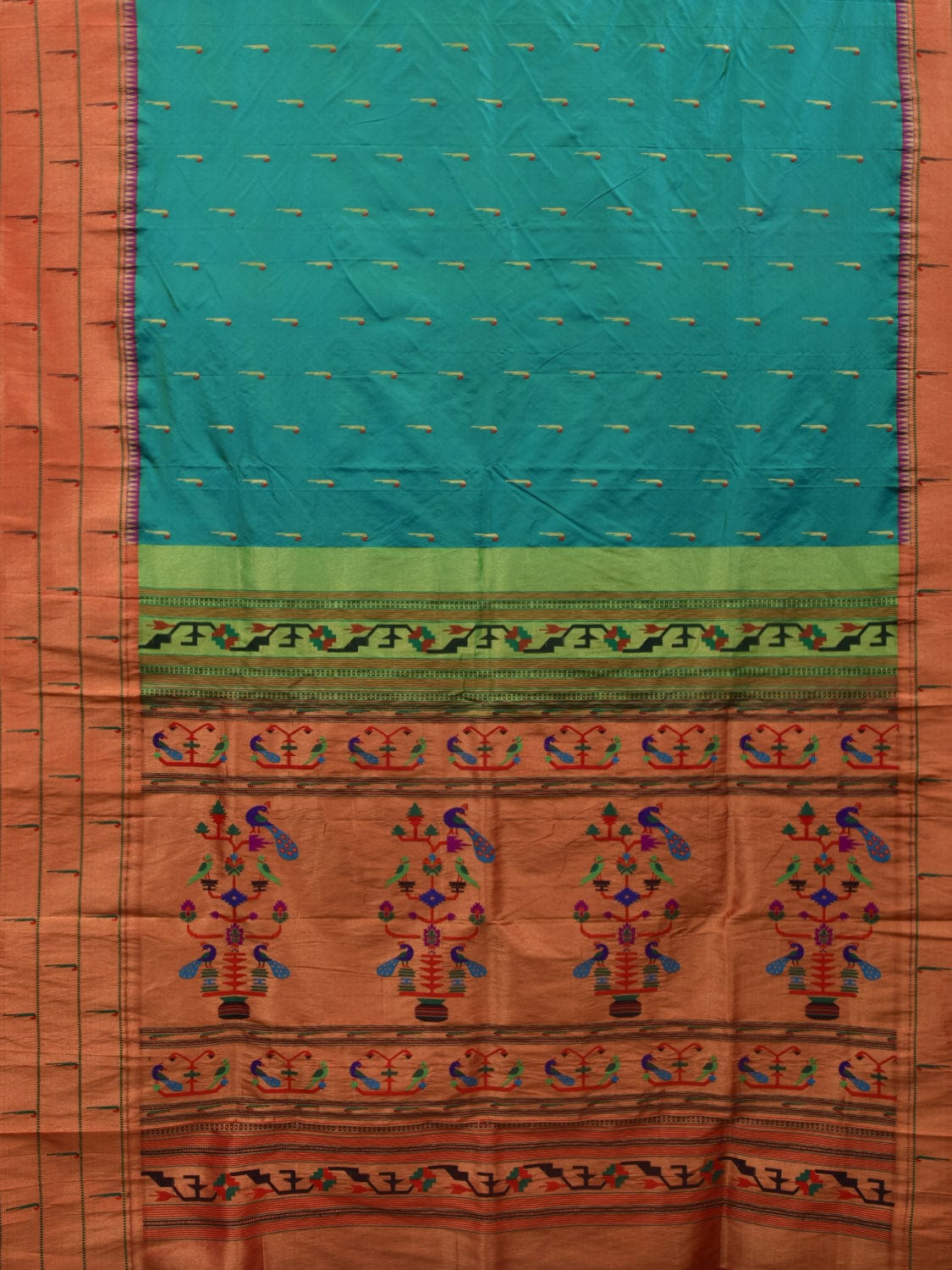 Sea Blue Paithani Silk Handloom Saree with Triple Muniya Border Design p0443