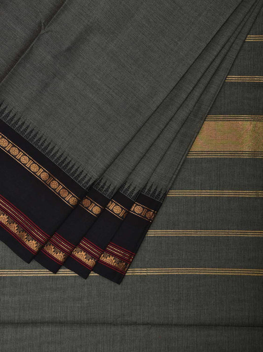 Sea Green and Black Kanchipuram Cotton Plain Saree with Strips Pallu and Small Temple Border Design k0771