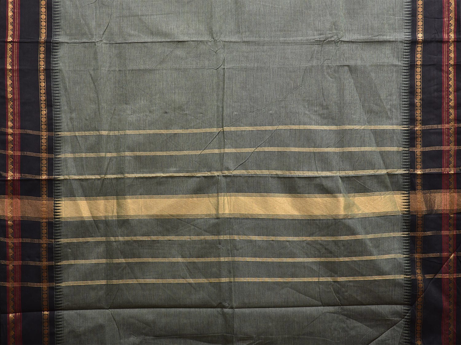 Sea Green and Black Kanchipuram Cotton Plain Saree with Strips Pallu and Small Temple Border Design k0771