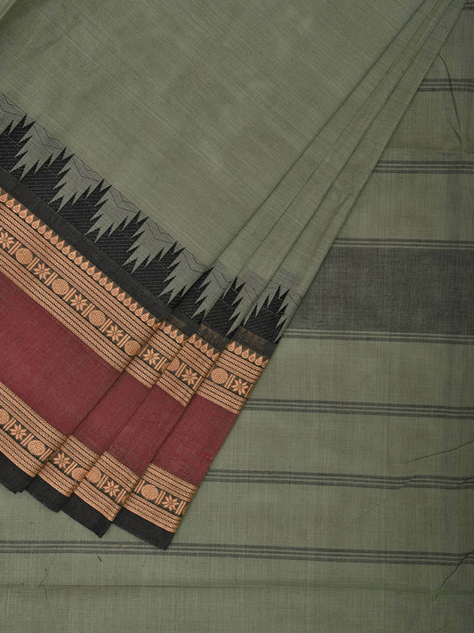 Sea Green and Black Kanchipuram Cotton Plain Saree with Strips Pallu and Temple Border Design k0747
