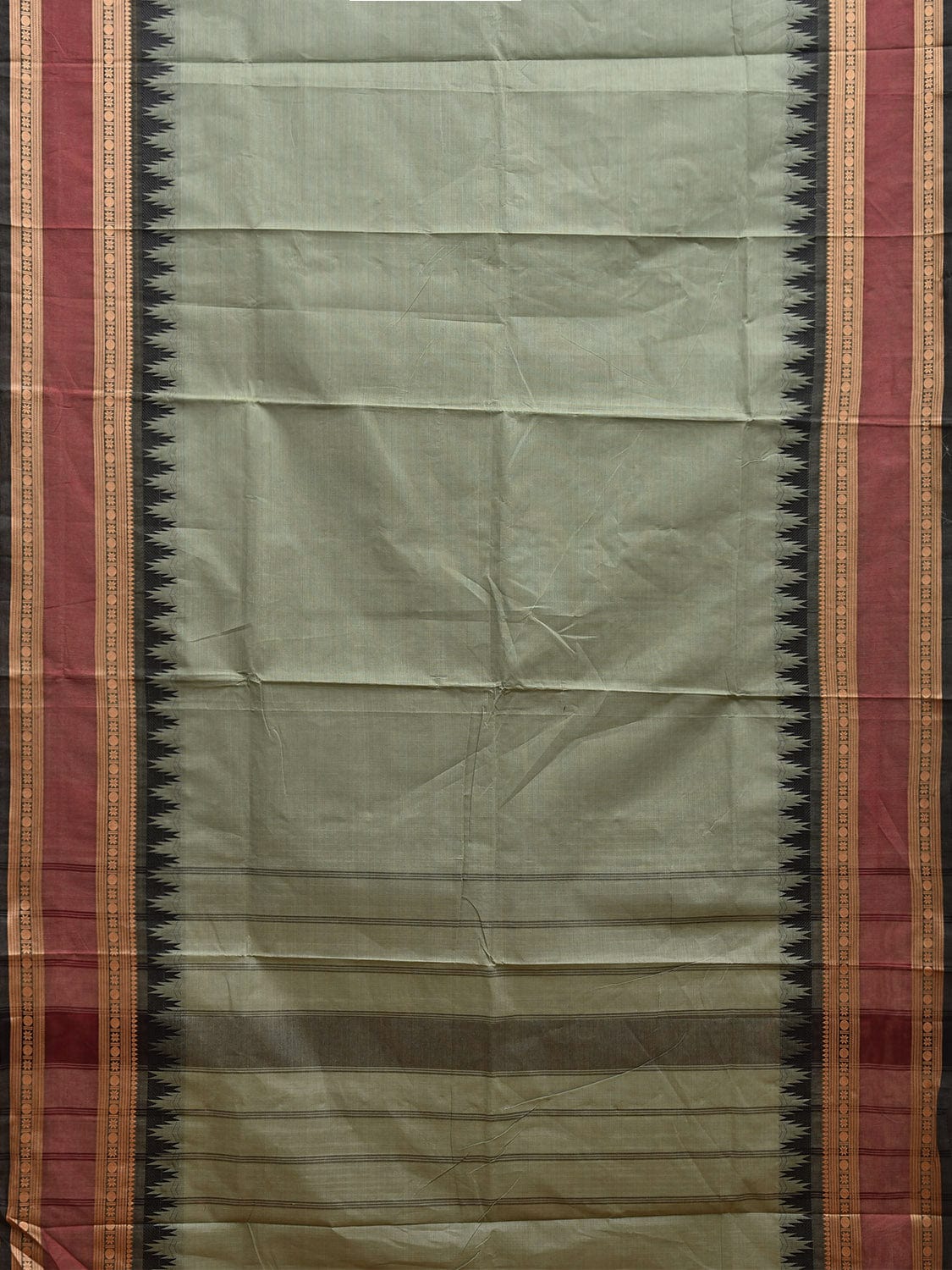 Sea Green and Black Kanchipuram Cotton Plain Saree with Strips Pallu and Temple Border Design k0747