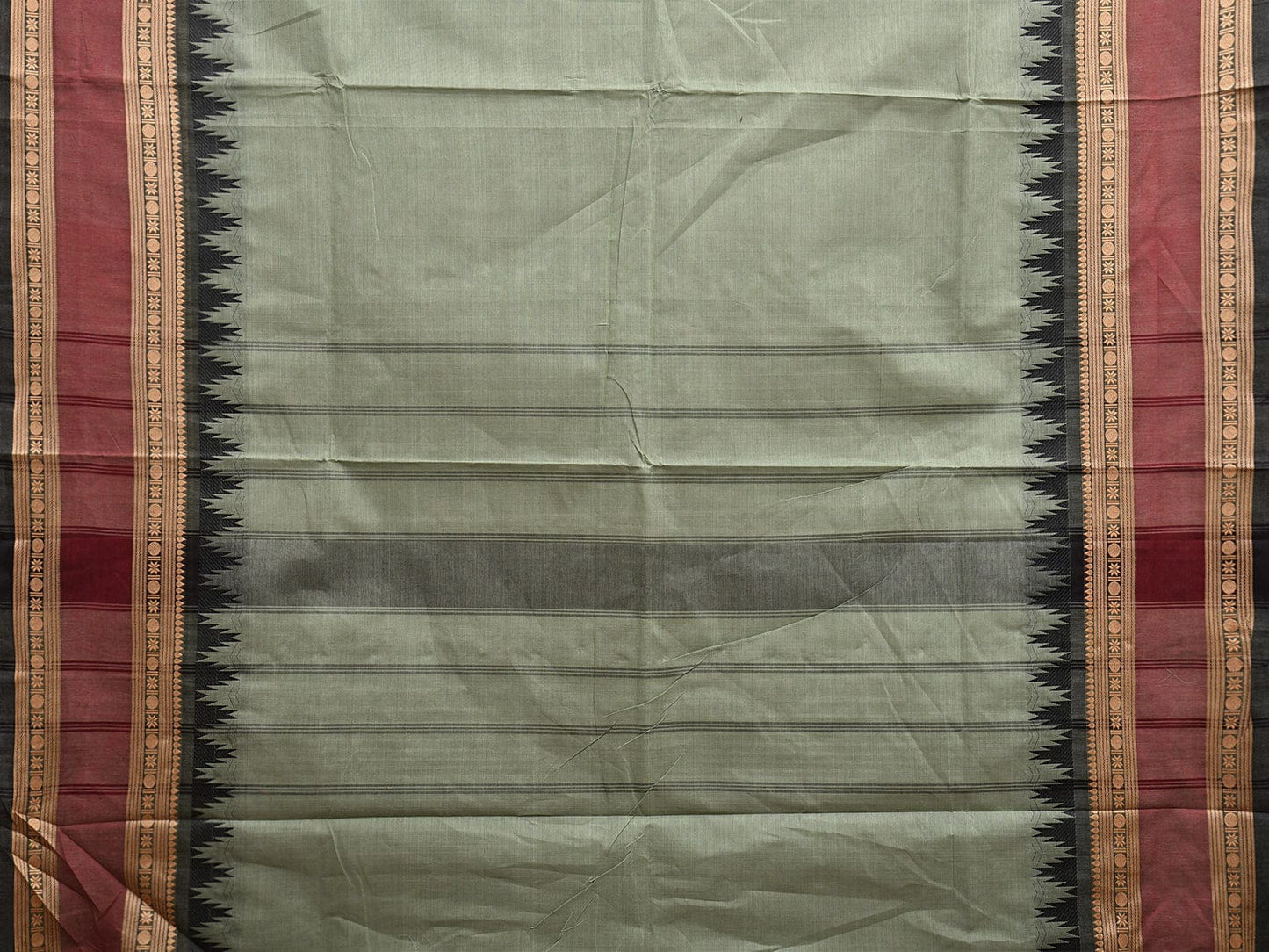 Sea Green and Black Kanchipuram Cotton Plain Saree with Strips Pallu and Temple Border Design k0747