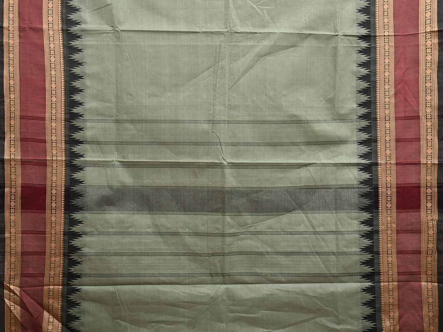 Sea Green and Black Kanchipuram Cotton Plain Saree with Strips Pallu and Temple Border Design k0747