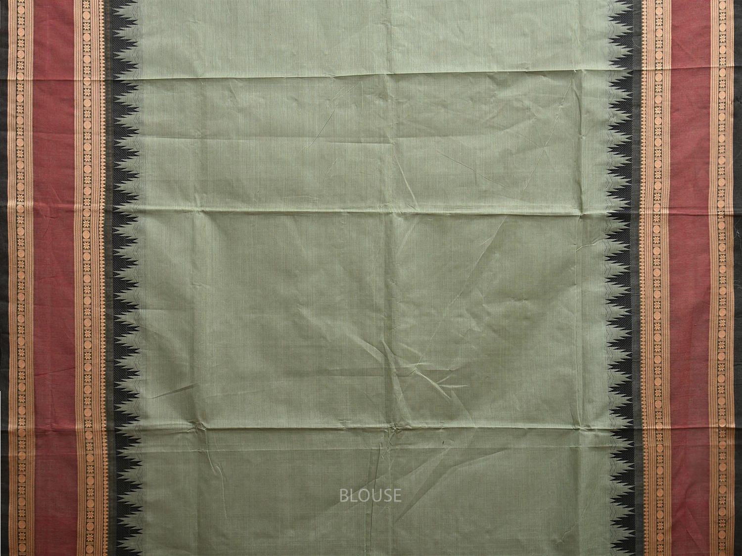 Sea Green and Black Kanchipuram Cotton Plain Saree with Strips Pallu and Temple Border Design k0747