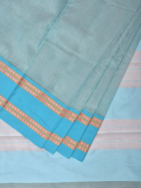 Sea Green and Blue Bamboo Cotton Saree with Small Checks Design No Blouse bc0150