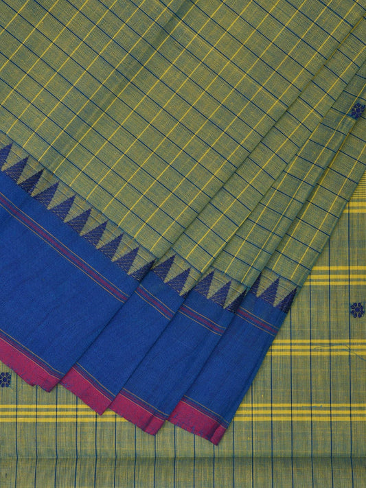 Sea Green and Blue Kanchipuram Cotton Saree with Strips Pallu and Checks Design k0739