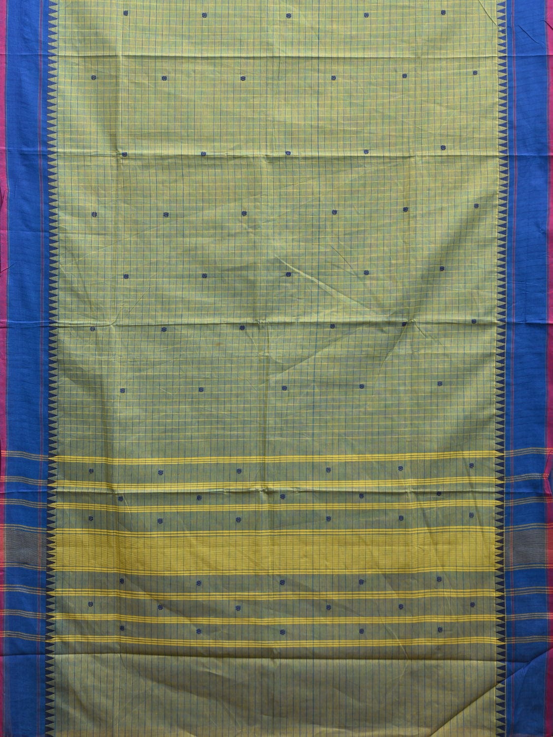 Sea Green and Blue Kanchipuram Cotton Saree with Strips Pallu and Checks Design k0739