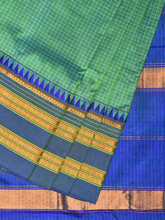 Sea Green and Blue Narayanpet Silk Handloom Saree with Checks Design No Blouse np0753
