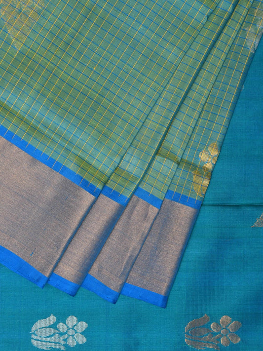 Sea Green and Blue Uppada Silk Handloom Saree with Body Buta and Checks Design u2202
