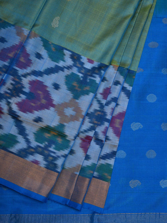 Sea Green and Blue Uppada Silk Handloom Saree with Ikat Border Design u1828