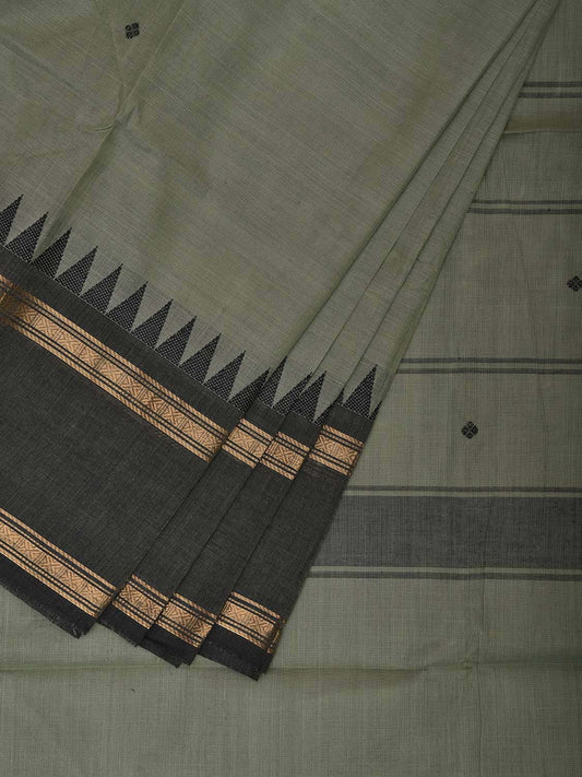 Sea Green and Grey Kanchipuram Cotton Saree with Strips Pallu and Temple Border Design k0751
