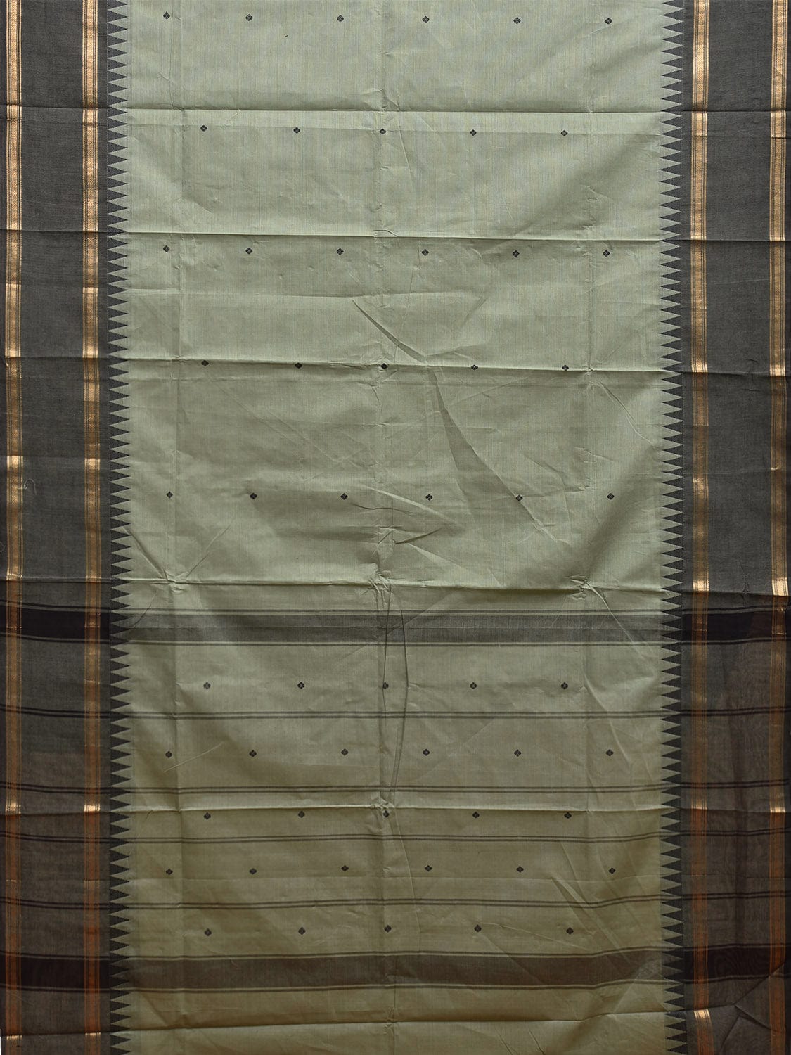 Sea Green and Grey Kanchipuram Cotton Saree with Strips Pallu and Temple Border Design k0751