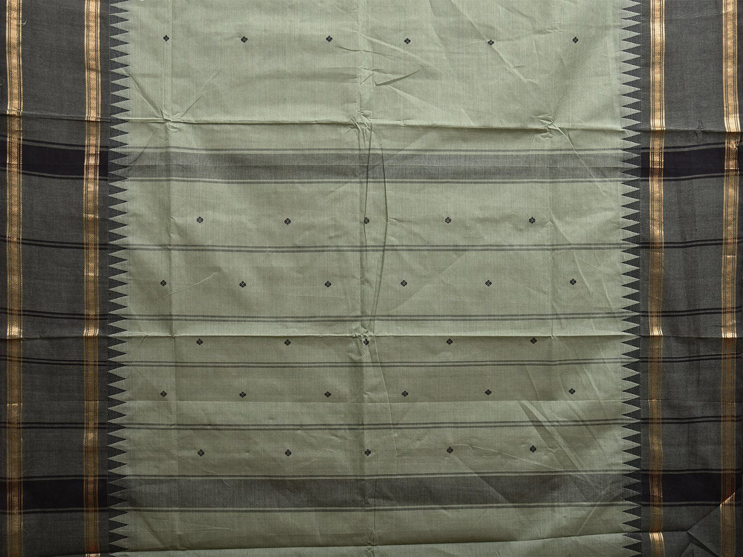 Sea Green and Grey Kanchipuram Cotton Saree with Strips Pallu and Temple Border Design k0751