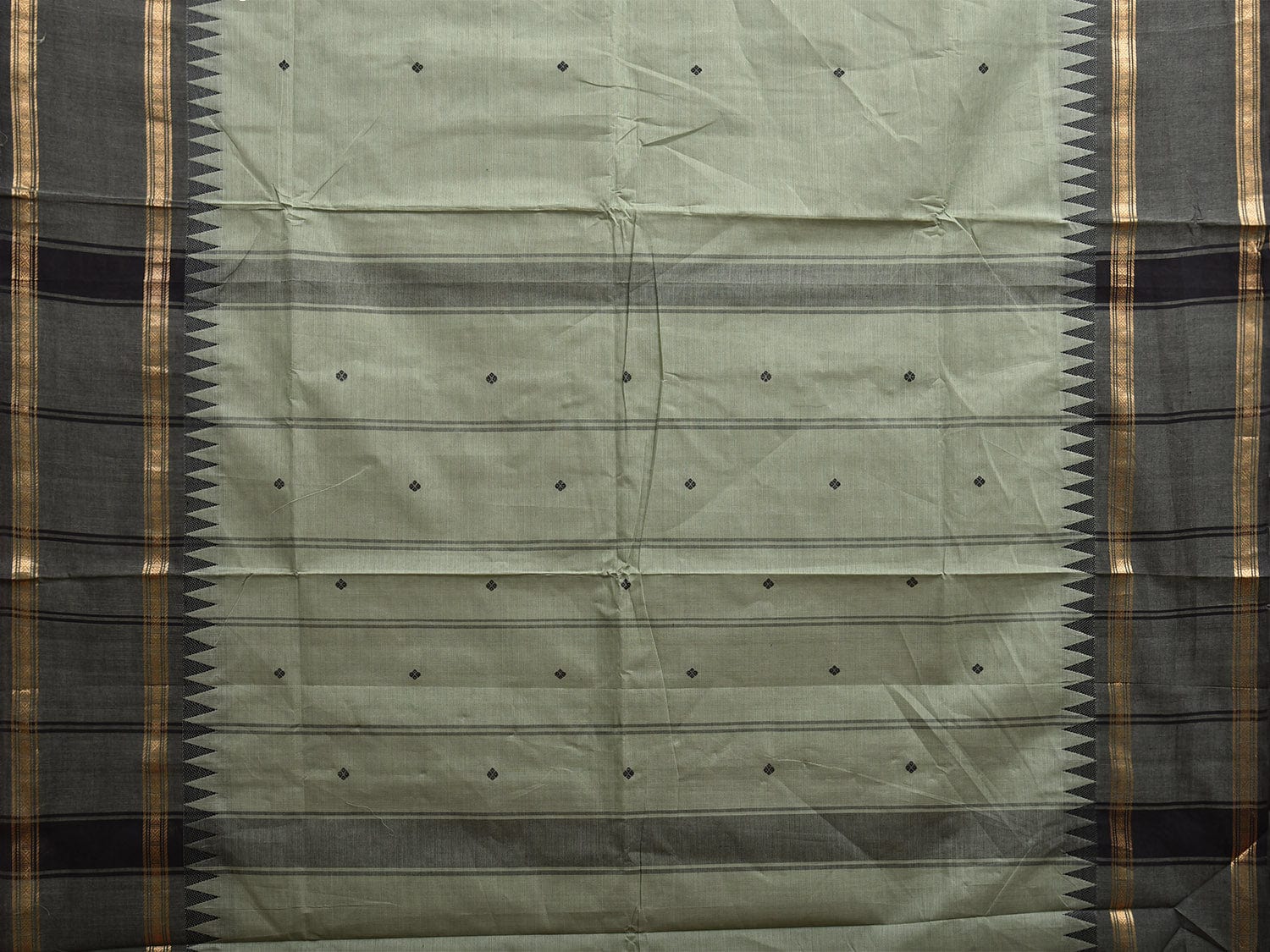 Sea Green and Grey Kanchipuram Cotton Saree with Strips Pallu and Temple Border Design k0751