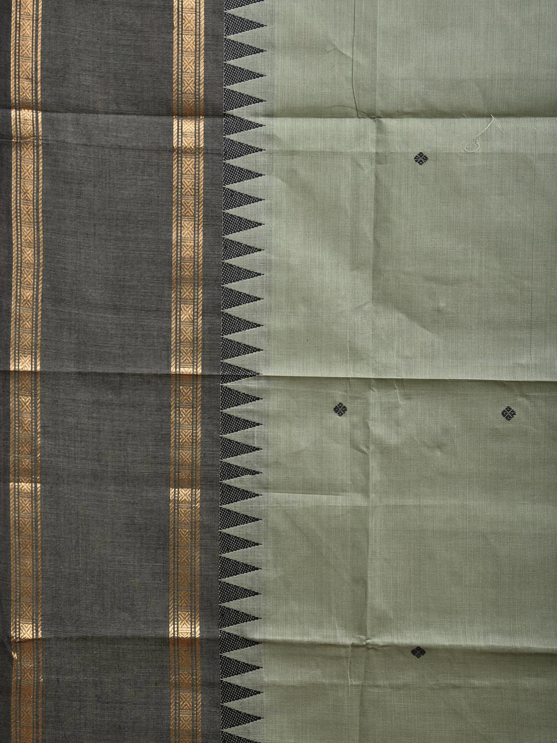 Sea Green and Grey Kanchipuram Cotton Saree with Strips Pallu and Temple Border Design k0751