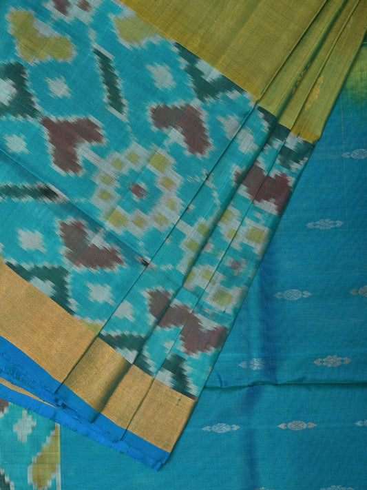 Sea Green and Light Blue Uppada Silk Handloom Saree with Buta and Ikat Border Design u2099