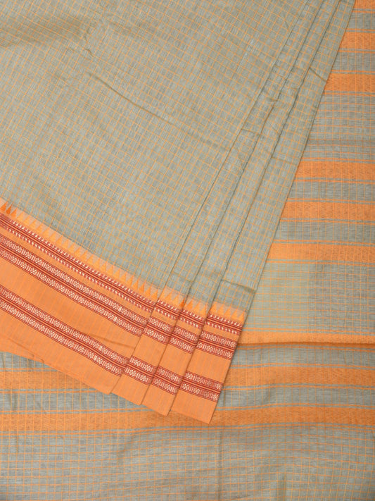 Sea Green and Mustard Bamboo Cotton Saree with Checks Design No Blouse bc0171