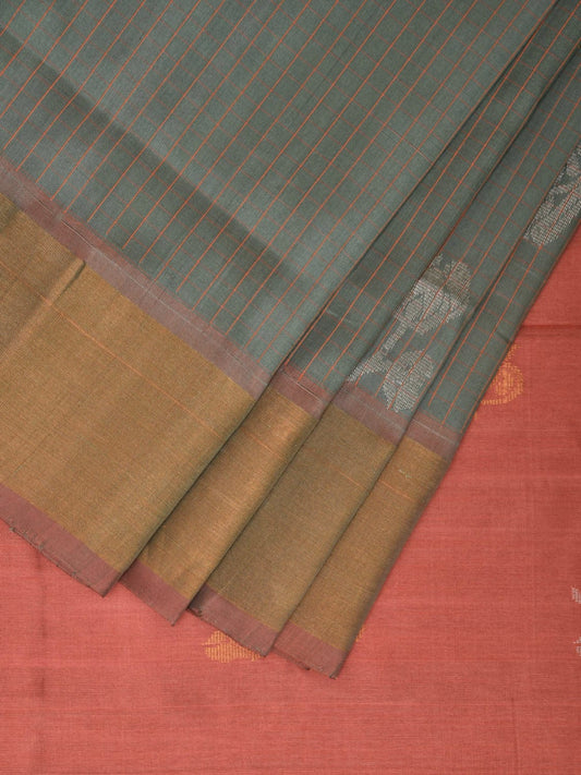 Sea Green and Peach Uppada Plain Silk Handloom Saree with Buta and Contrast Pallu Design u2244