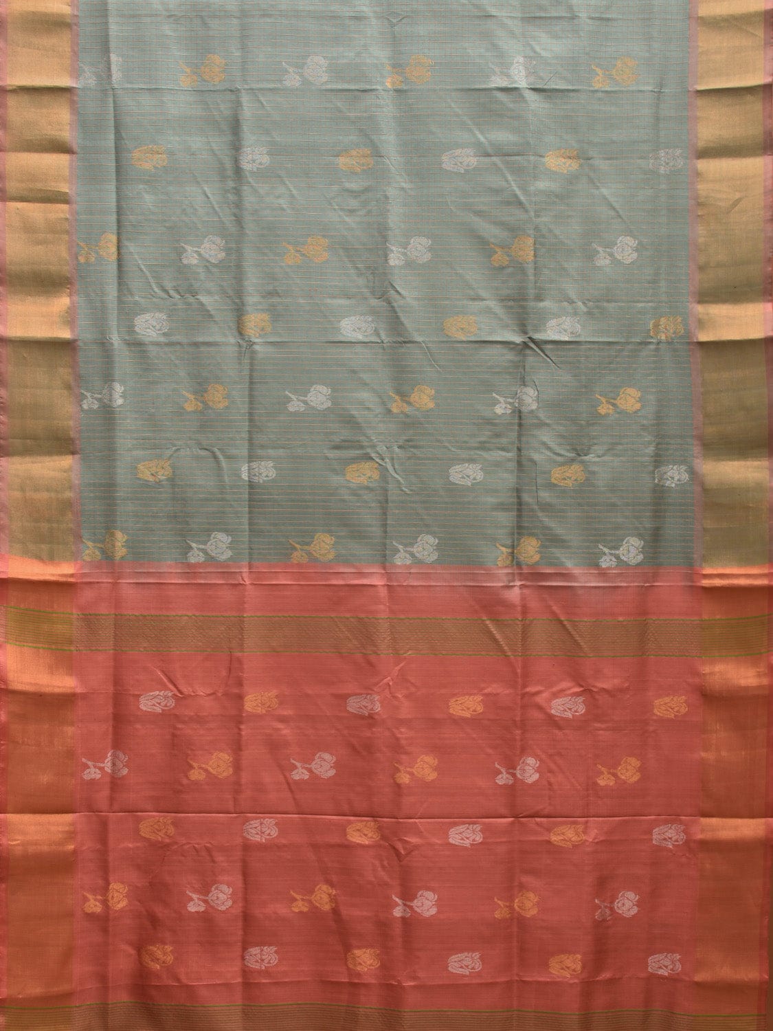 Sea Green and Peach Uppada Plain Silk Handloom Saree with Buta and Contrast Pallu Design u2244