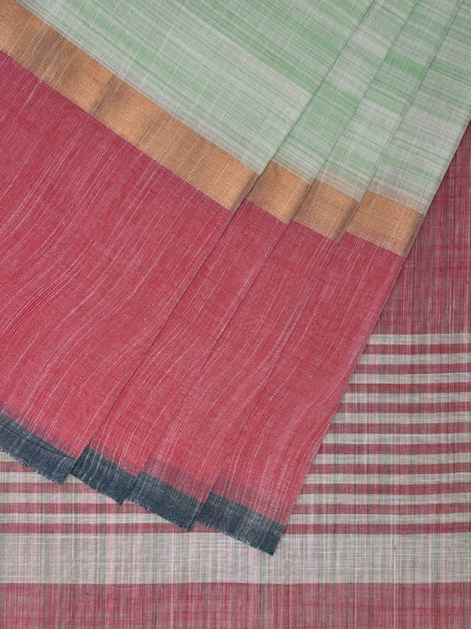 Sea Green and Pink Kanchipuram Cotton Plain Saree with Strips Pallu Design k0606