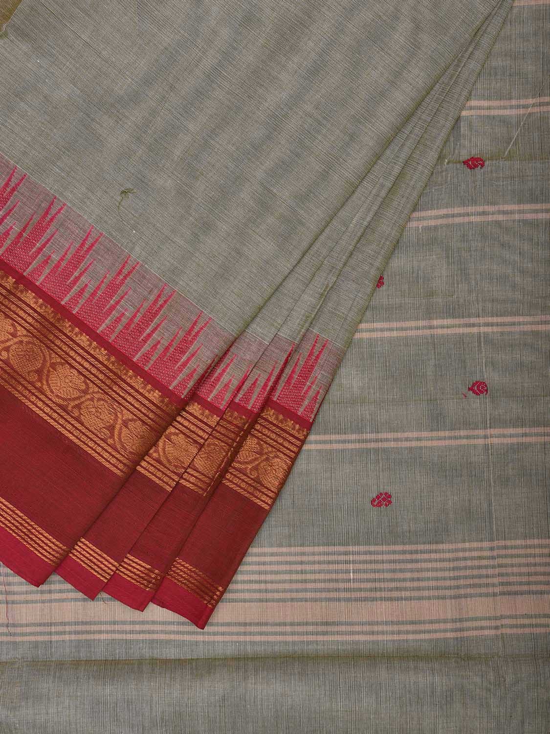 Sea Green and Pink Kanchipuram Cotton Saree with Strips Pallu and Temple Border Design k0749