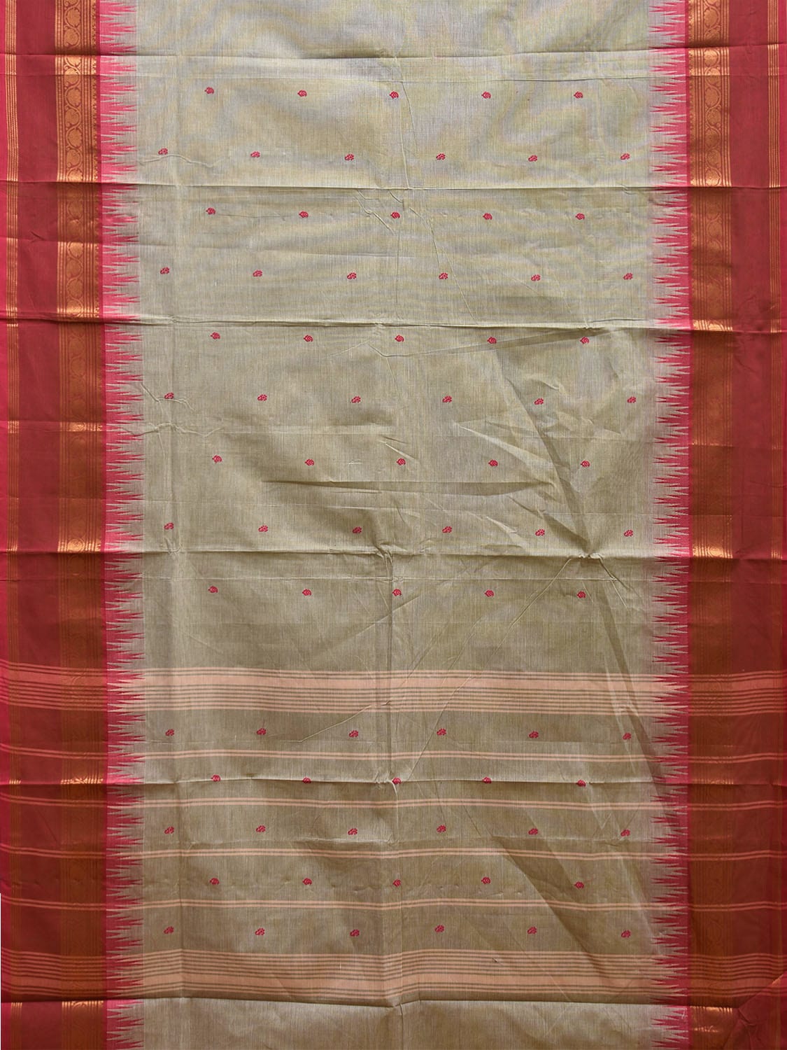 Sea Green and Pink Kanchipuram Cotton Saree with Strips Pallu and Temple Border Design k0749