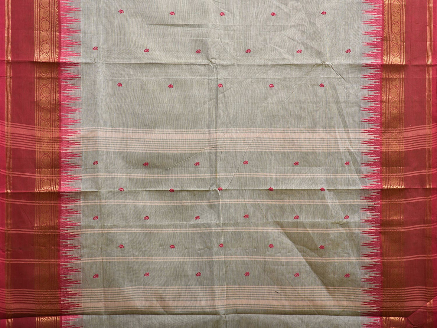 Sea Green and Pink Kanchipuram Cotton Saree with Strips Pallu and Temple Border Design k0749