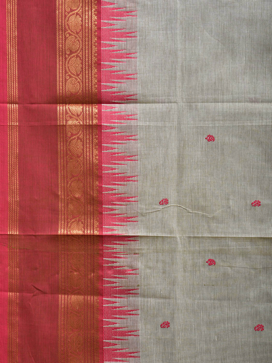 Sea Green and Pink Kanchipuram Cotton Saree with Strips Pallu and Temple Border Design k0749