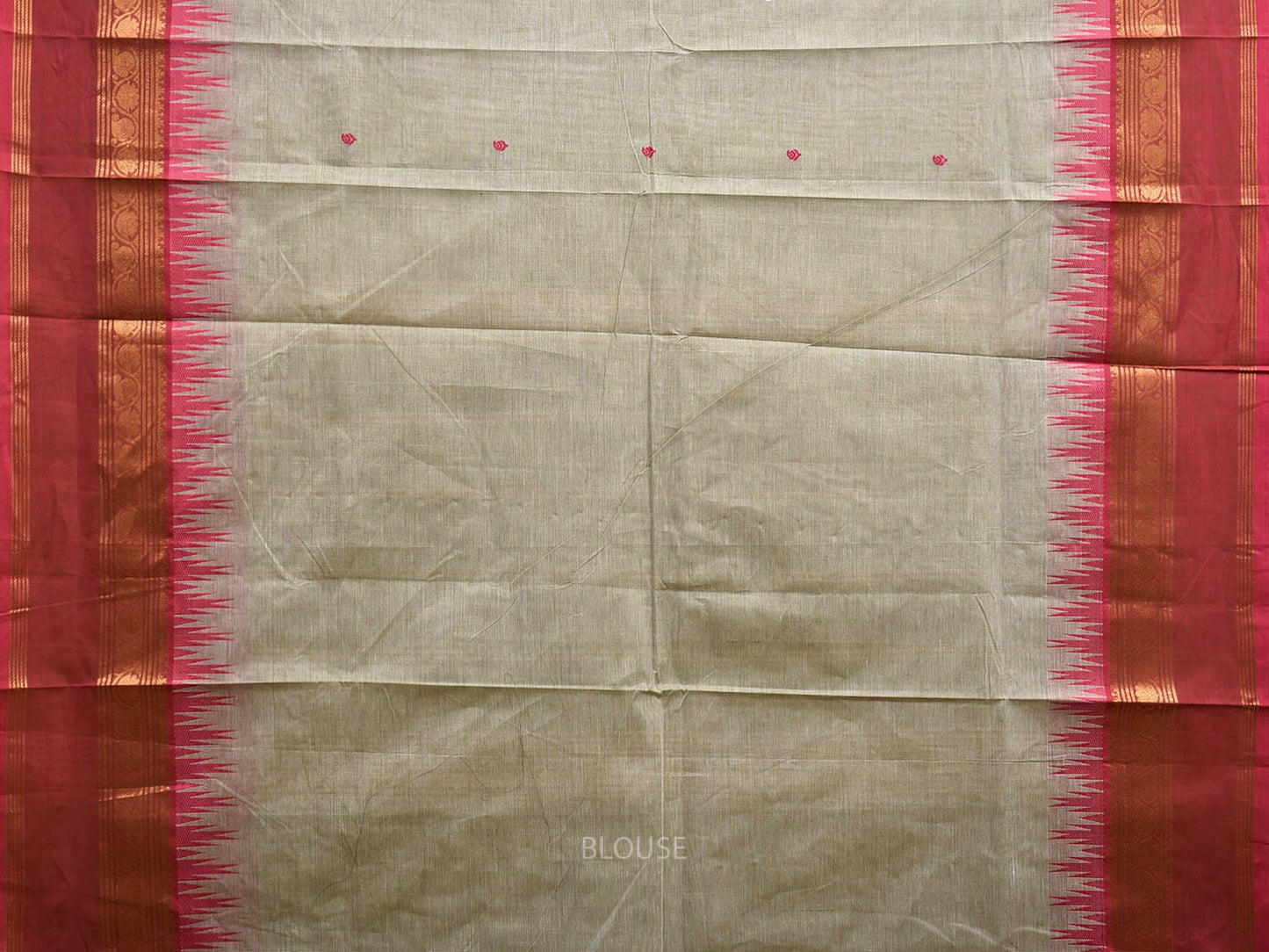 Sea Green and Pink Kanchipuram Cotton Saree with Strips Pallu and Temple Border Design k0749