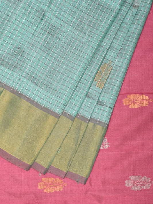 Sea Green and Pink Uppada Silk Handloom Saree with Checks and Buta Design u2077