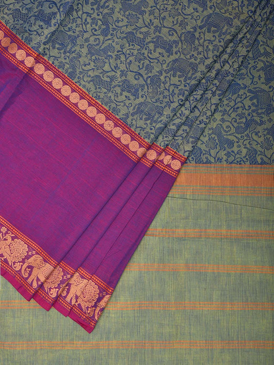 Sea Green and Purple Kanchipuram Cotton Saree with All Over Body and Elephant Border Design k0720