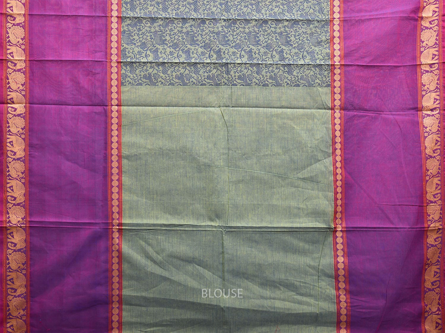Sea Green and Purple Kanchipuram Cotton Saree with All Over Body and Elephant Border Design k0720