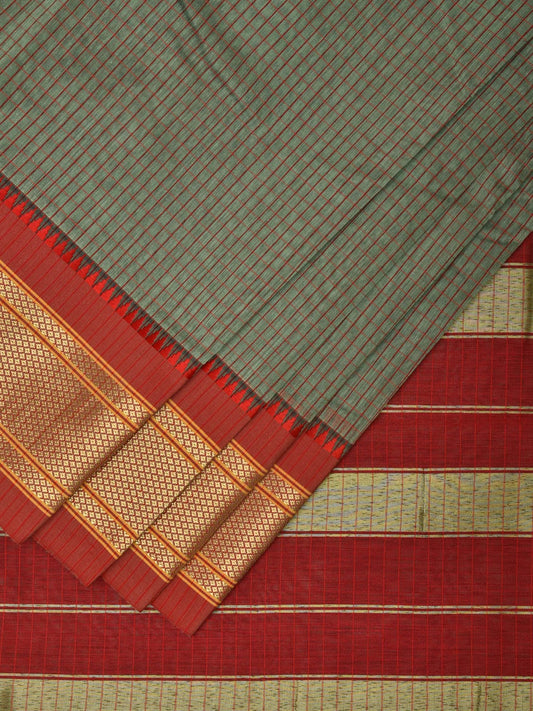 Sea Green and Red Bamboo Cotton Saree with Checks Design No Blouse bc0306