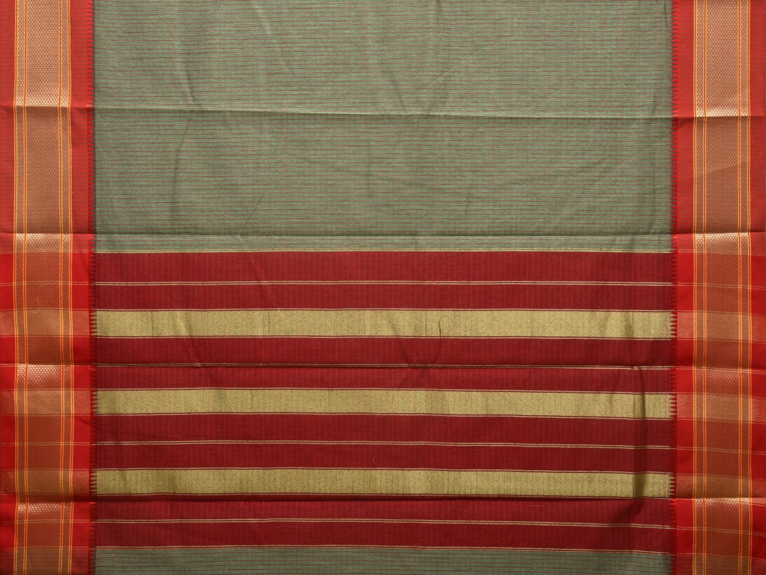Sea Green and Red Bamboo Cotton Saree with Checks Design No Blouse bc0306