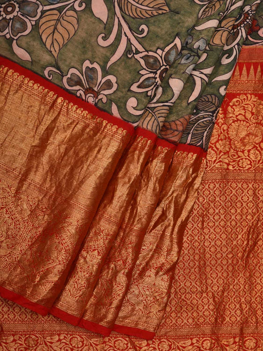 Sea Green and Red Kalamkari Hand Painted Kanchipuram Silk Handloom Saree with Floral Design KL0621