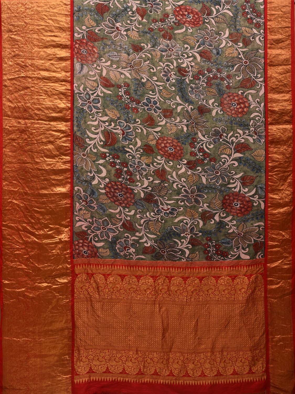 Sea Green and Red Kalamkari Hand Painted Kanchipuram Silk Handloom Saree with Floral Design KL0621