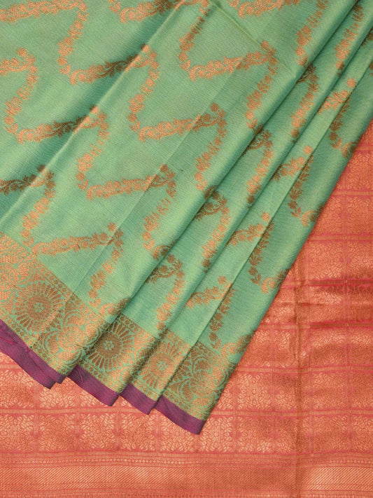 Sea Green and Violet Banaras Katan Silk Saree with Border and Body Butta Design b0051ds