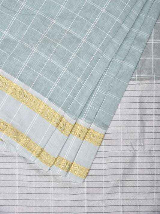 Sea Green Bamboo Cotton Saree with Big Checks and Doby Border Design bc0131
