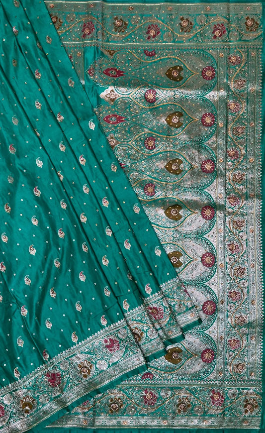 Sea Green Banaras Katan Silk Saree with Body Butti and Stone Work Design b0164ds