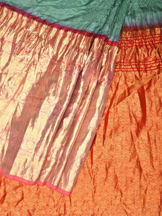 Sea Green Bandhani Kanchipuram Silk Handloom Saree with Big Border Design bn0169