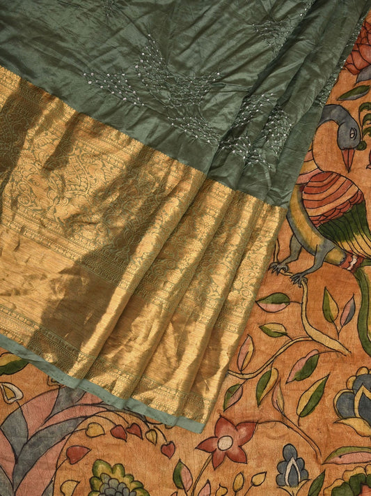 Sea Green Bandhani Kanchipuram Silk Handloom Saree with Kalamkari Hand Painted Pallu and Blouse Design bn0403