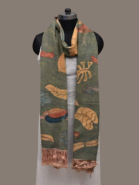 Sea Green Kalamkari Hand Painted Cotton Handloom Dupatta with Birds and Floral Design ds2549