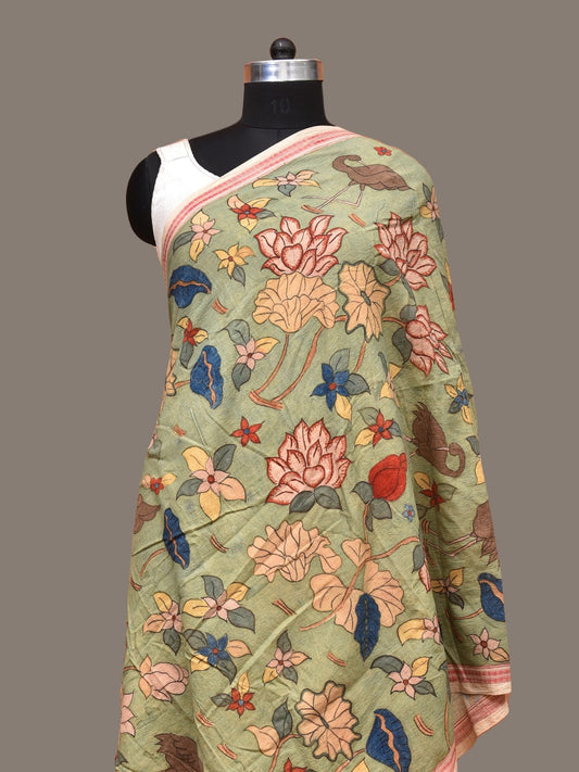 Sea Green Kalamkari Hand Painted Cotton Handloom Dupatta with Floral Design ds3278