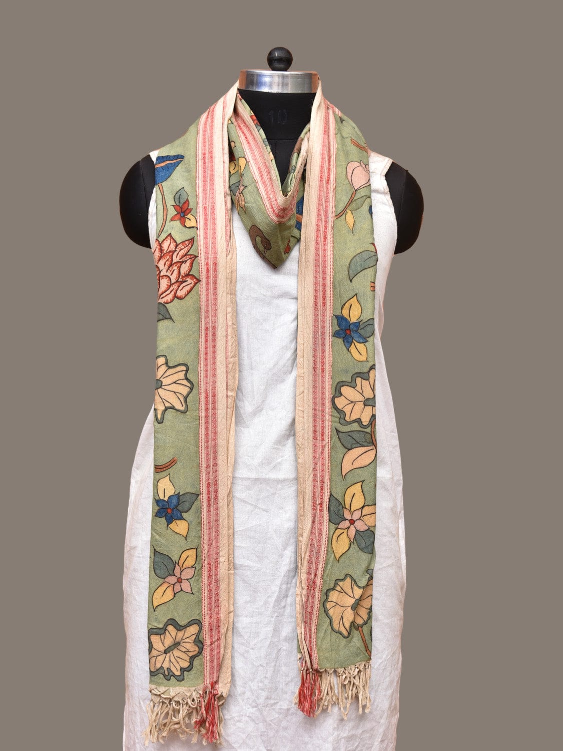 Sea Green Kalamkari Hand Painted Cotton Handloom Dupatta with Floral Design ds3278
